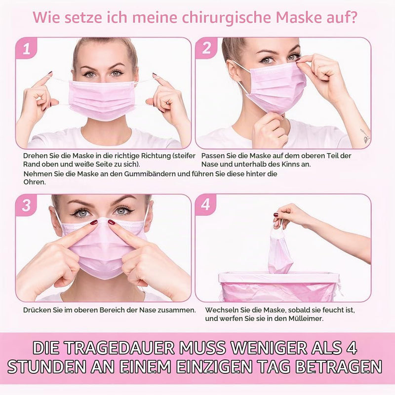 CRAZYCHIC - 51 x Medical Surgical Masks Pink - CE Certified EN14683 Type IIR Surgical Mask - High Filtration BFE >99% Tested - 3-Layer Disposable Protective Mask - Mouth Guard Face Mask x51 Pink