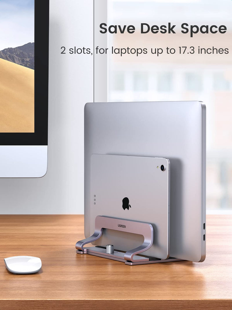 UGREEN 2-Slot Vertical Laptop Stand Holder Desk Compatible with MacBook Pro Air Laptop Stand Desktop Adjustable, Lenovo Ideapad, Surface Book, HP Notebook, Dell Chromebook Up to 17.3 Inch, Space Gray