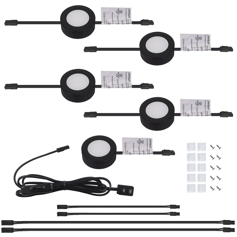 LUMILAND Wired LED Puck Lights 120V (2.7Wx5) Plug-in Lighting Warm White, LED Cabinet Light for Kitchen Can Be Surface Mount or Recess Mount, Black Black-5 Pack 3000K