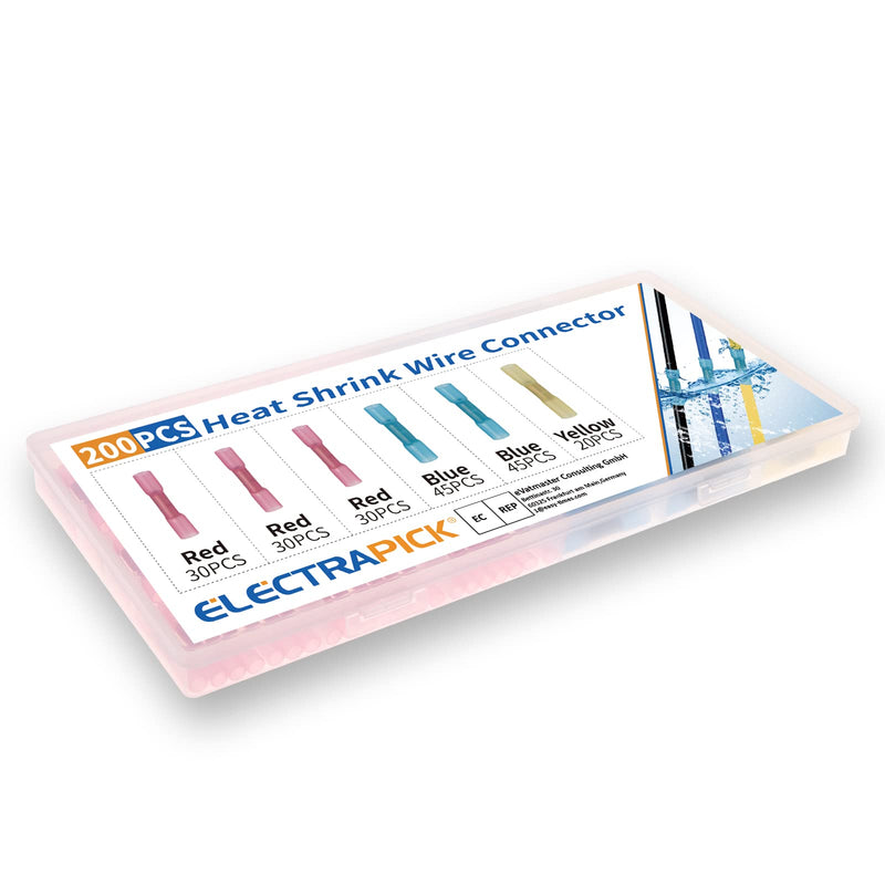 electrapick cable connector 200 pieces butt connector crimp connector, 22-10 AWG waterproof shrink connector, red/blue/yellow