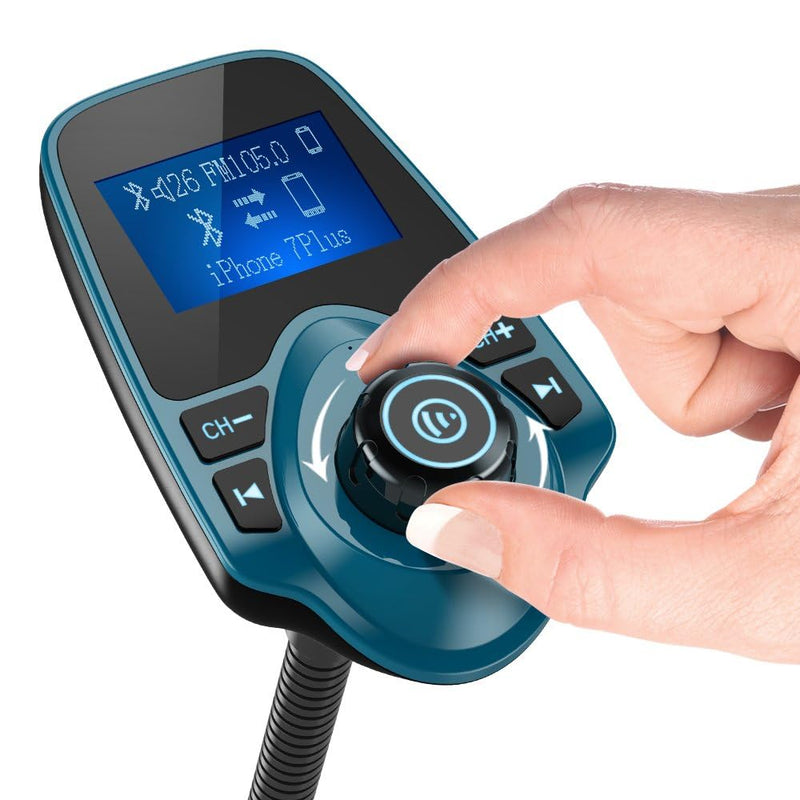 Nulaxy Bluetooth Car FM Transmitter Audio Adapter Receiver Wireless Handsfree Voltmeter Car Kit TF Card AUX 1.44 Display – KM18 Peacock Blue