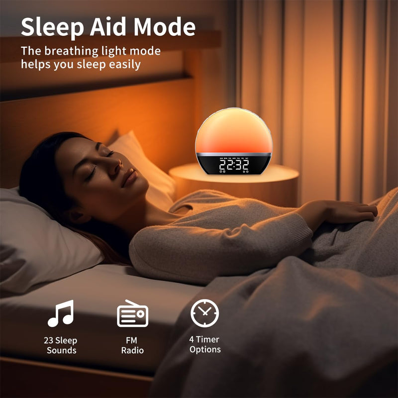 FM Radio Sunrise Alarm Clock Sound Machine Wake-Up Light Sunrise Sunset Simulation Adjustable Volume Brightness Sleep Aid 13 Colors 23 Sounds 28 Tunes Snooze Dual Alarm 4 Timers