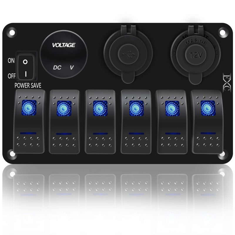 FXC Waterproof Marine Boat Rocker Switch Panel 6 Gang with 3.1A Dual USB Slot Socket + Cigarette Lighter +LED Voltmeter with Power-Save for Car Rv Vehicles Truck (6 Gang Blue LED)