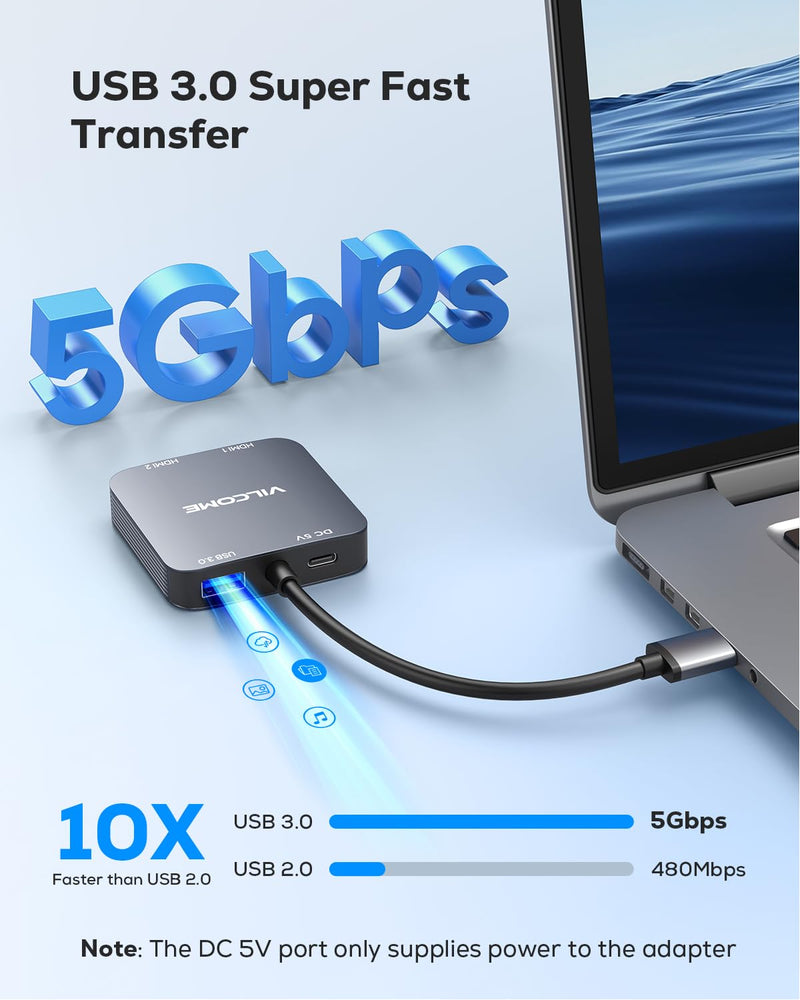 vilcome USB to HDMI Adapter, USB 3.0 to Dual HDMI Adapter with USB 3.0 Port, HDMI to USB Audio Video Graphics Converter Cable for Laptop Monitor Desktop TV, Compatible with Mac OS, Windows Dark Gray