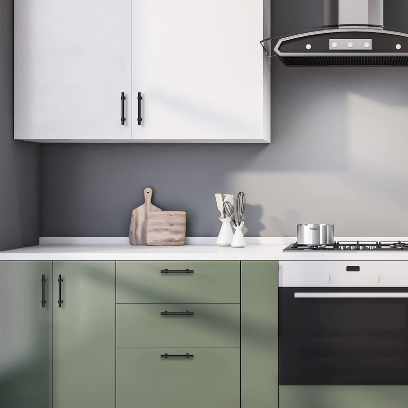 Black Cabinet Handles Black Cabinet Pulls 10 Pack 4 Inch Hole Center | Modern T-Bar Shape with Round Base, 6-3/8 Inch Overall Length, Easy Installation for Cabinets & Drawers