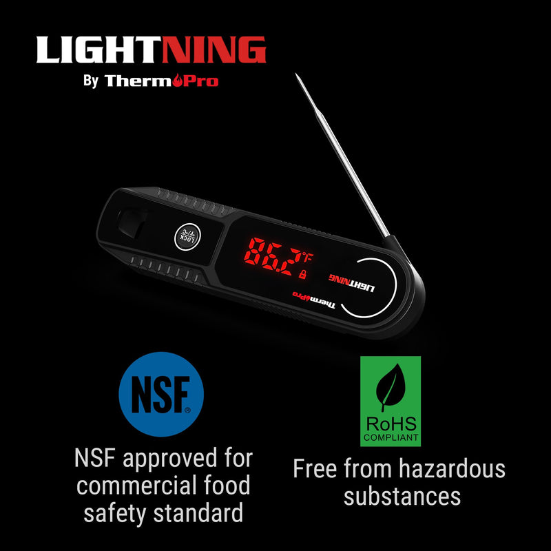 ThermoPro Lightning 1-Second Instant Read Meat Thermometer, Kitchen Food Thermometer with Auto Wake/Sleep/180° Rotating Display, Waterproof Cooking Thermometer for Oil Deep Fry Smoker BBQ Grill Black