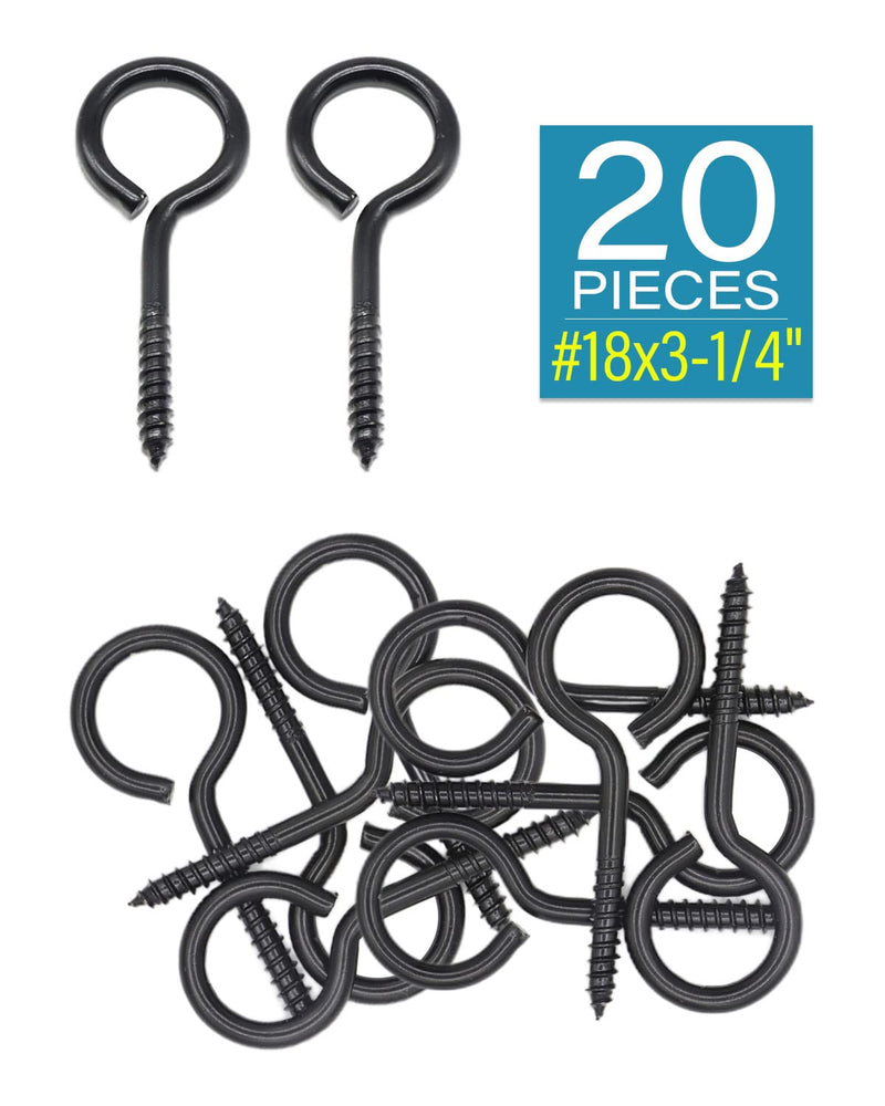 20 Pcs 3-1/4" (3.25 Inch) Screw Eyes, 304 Stainless Steel - #18 Black Eye Bolt Screws, Heavy Duty Anti-Rust Self Tapping Eye Lag Screws for Wood, Indoor & Outdoor Use | by IMSCREWS 0.236" x 1.00" x 3.3" 20