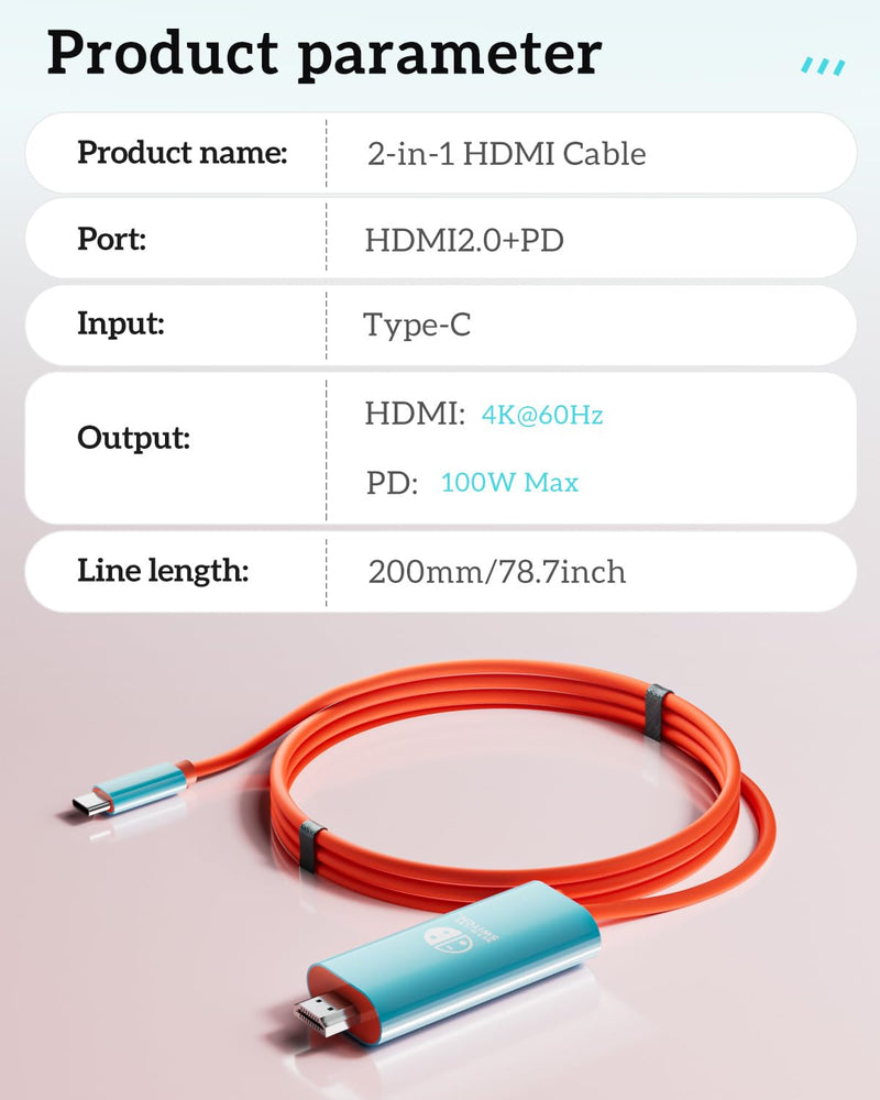 TV Dock HDMI Cable for Switch 2, USB-C to HDMI 2.0 Docking Station Replacement for Nintend0 Switch 2/Switch/OLED, Portable 4K 60Hz Travel Adapter Cord with 100W PD Charging While Playing