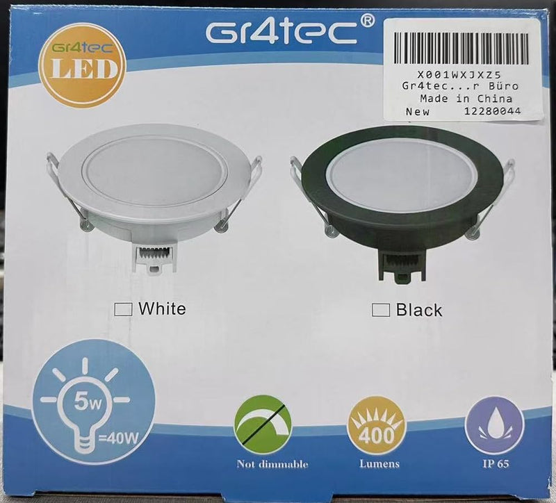 Gr4tec LED recessed spotlight 230V black, 10x 5W LED spots flat 35mm, ceiling spots bathroom IP65 neutral white 4000K 400LM, recessed ceiling lights 68-80mm, recessed ceiling spotlights for kitchen living room neutral white 4000k / black
