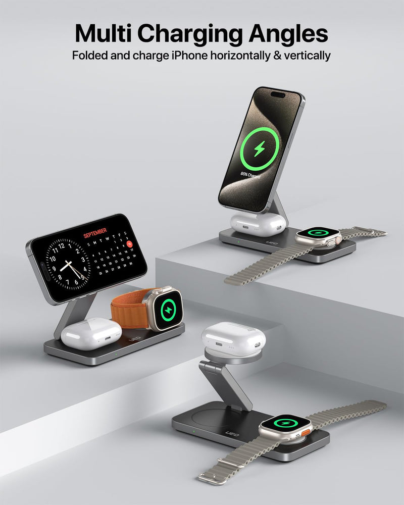 Foldable 3 in 1 Wireless Charging Station for Apple Compatible with Magsafe Charger Stand,Magnetic Wireless Charger Station for iPhone 16 15 14 13 12 Series,Airpods Pro,Apple Watch(Black) Black