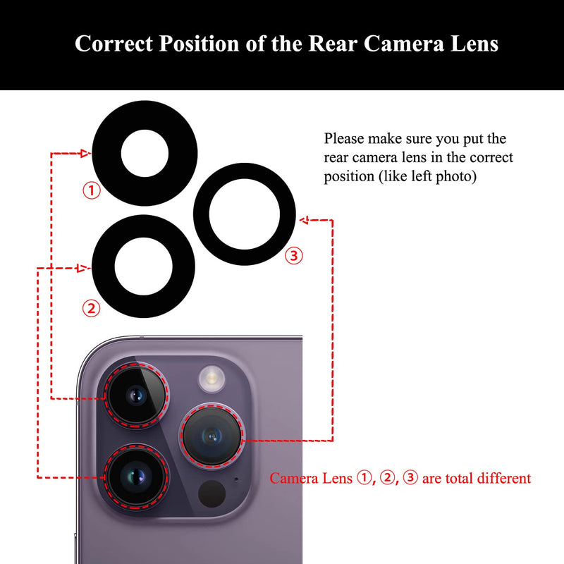 OEM Rear Camera Lens Glass Replacement with Adhesive Pre-Installed Compatible for iPhone 14 Pro / 14 Pro Max (3 Pieces/Set) with Repair Tools and Installation Manual iPhone 14 Pro/iPhone 14 Pro Max