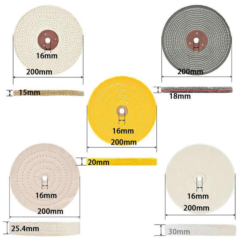 QZATACAEN 200mm Soft Polishing Pads (60 Layers) | fine (60 layers) | medium (40 layers) | coarse (15mm thick) | Rough (15mm thick) | for bench grinder with 16mm mandrel hole 5 pieces