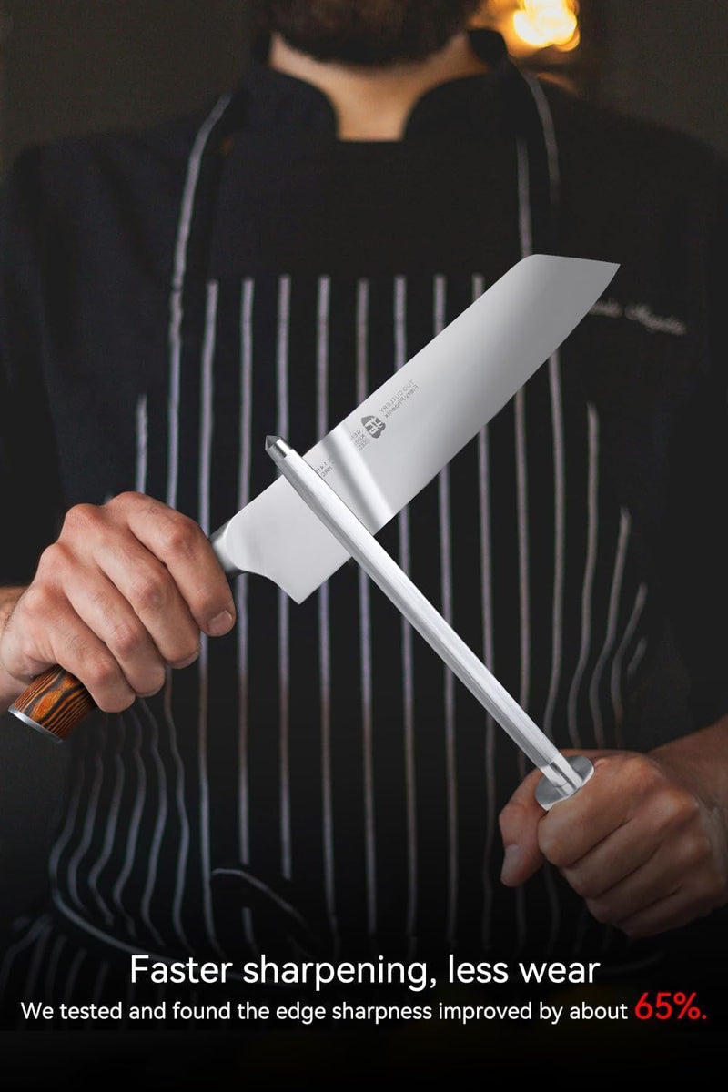 TUO Honing Steel, Sharpener Rod with Thicker Steel Core for Kitchen Knives Daily Sharpening Maintenance, High Carbon Steel, Ergonomic Handle, 8 inch 8"