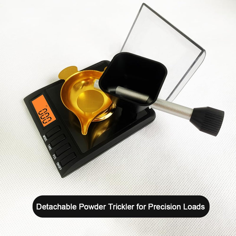 Reloading Scale with Powder Trickler, 750 Grains x 0.02 gn, Metal Powder Pan and Handy Scoop, Milligram Scale for Powders, 50g x 0.001g, 6 Weighing Units Black