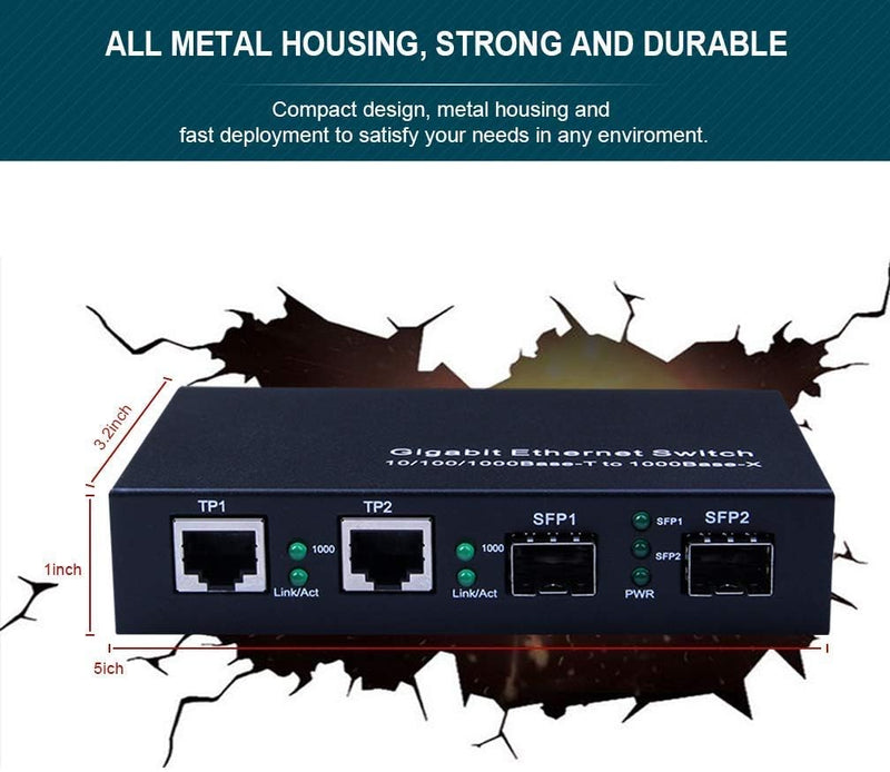 ipolex Gigabit SFP to RJ45 Fiber to Ethernet Media Converter, Dual 10/100/1000Mbps RJ45 Ports to 1000Base-SX/LX/EX SFP Slots, Support Gigabit SFP Modules, Without Transceiver 2*1G+1+2*1G SFP