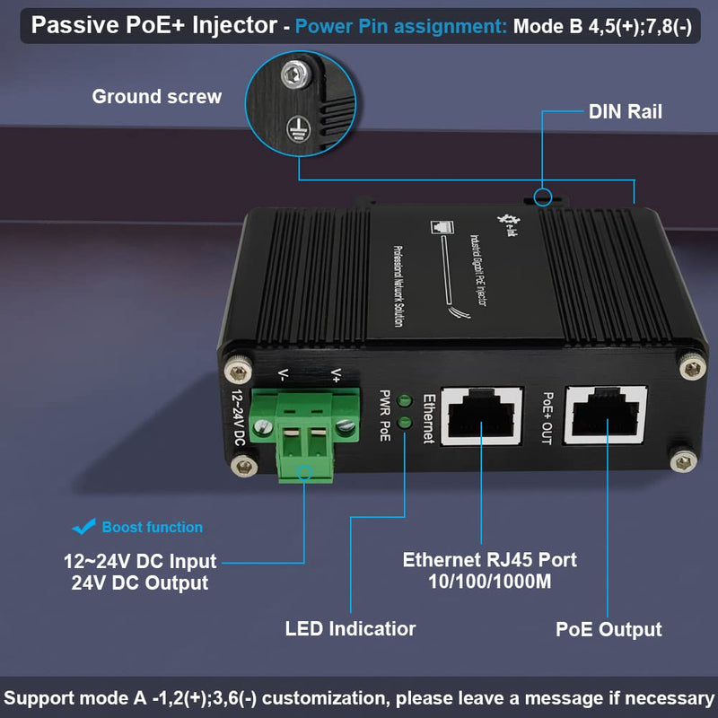 Industrial Gigabit Passive 24V PoE Injector Hardened PoE Adapter with 12-24V DC Input 24V PoE Output DIN- Rail /Wall Mount Industrial Passive 24V PoE Injector
