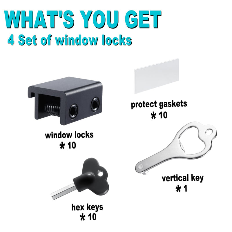 Sliding Window Locks (10 Sets), Security Window Locks with Keys, Adjustable Aluminum Sliding Window Stops, Easy Installation Without Drilling, for Vertical and Horizontal Sliding Windows (Black) 10 Set Double Lock Black