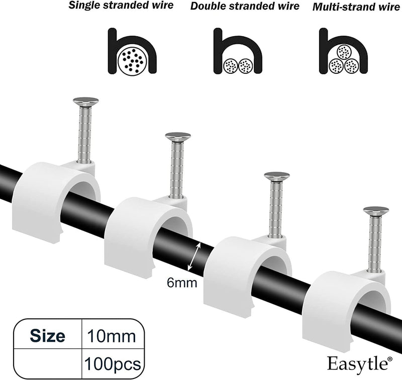 Cable Clips 10mm Nail in Cable Clips 100 Pcs Cable Wire Clips Cable Tacks Coax Cable Clips Speaker Wire Clips Cable Nails for Cords Cable Clamps Ethernet Cable Clips RG6 RG59 CAT6 RJ45 Wall Wire Clips