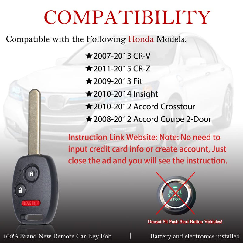 Key Fob Remote Replacement Fits Honda CR-V 2007 2008 2009 2010 2011 2012 2013/CR-Z 2011- 2014 2015/Fit/Insight/Accord Coupe/Crosstour MLBHLIK-1T Keyless Entry Remote Control 35111-SWA-306(Pack of 2)