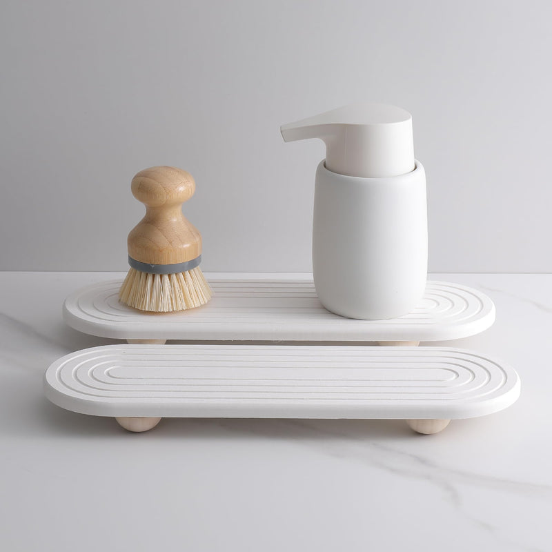 2PCS Water Absorbing Stone Tray for Sink, Quick Drying Diatomite Bathroom Tray Countertop, Stone Drying Mat for Kitchen Counter Faucet, Soap Dish Dispenser Vanity Organizer, White-11.8" x 4" White3