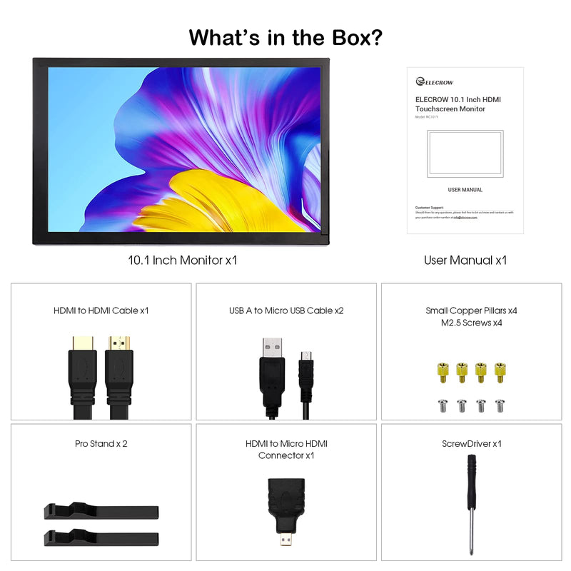 ELECROW 10.1 Inch Touchscreen Monitor, 1280x800 IPS LCD HD Display with Stand, Portable Capacitive Touch Screen for Raspberry Pi 3/3B+/4B/5, Jetson Nano, Banana Pi, PC, Windows, Beaglebone 10.1" with Acrylic Stand