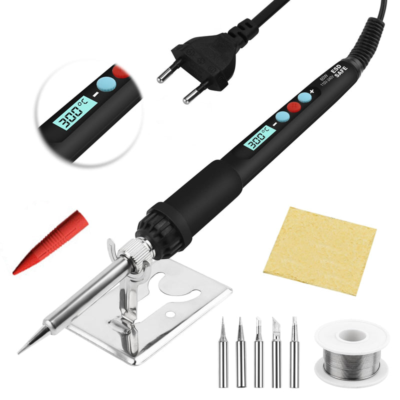 Electric soldering iron set, 60W LCD adjustable temperature soldering iron with on/off switch, 50g soldering wire, 5 soldering tips, soldering iron stand, soldering set for electrical work, welding repair