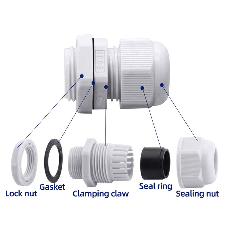 32 pieces cable gland set, ARPDJK adjustable 3-15 mm IP68 cable glands, gray cable gland, waterproof, M12, M16, M20, M25