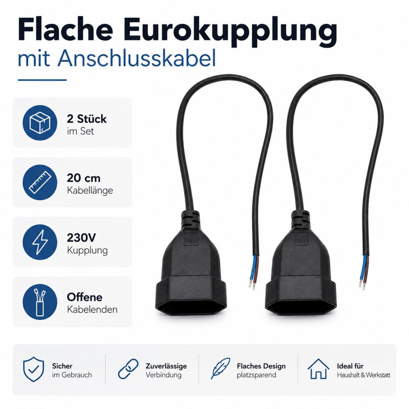 2 pieces Euro coupling flat with 20 cm long connection cable, coupling 230 V, Schuko coupling flat, Euro 230 V flat, Euro plug flat for Schuko plug (black) black A