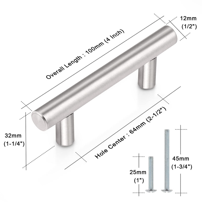 Probrico 25 Pack 2.5 Inch Kitchen Cabinet Handles, Brushed Nickel Cabinet Pulls Euro T Bar Dresser Pulls, Stainless Steel Kitchen Cabinet Hardware Drawer Handles, 4 Inch Length hole center 2-1/2"