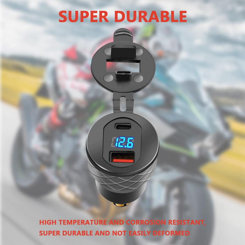 Motorcycle Power Adapter USB C 30W PD3.0 Aluminum Alloy Quick Charge Aluminum Voltmeter for 12V-24V Ducati Triumph Motorcycle and More Style Motorcycles