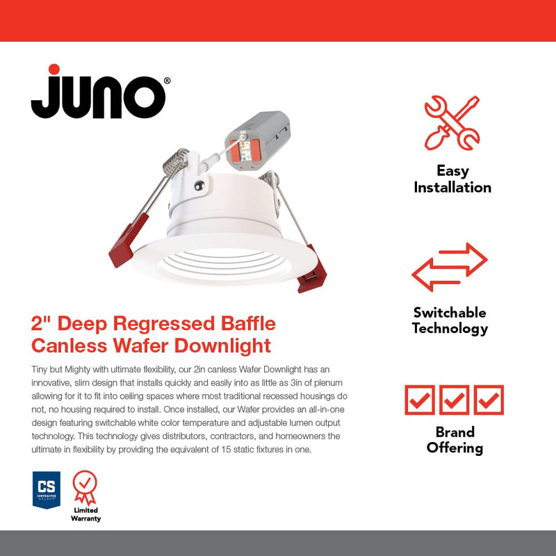 Juno WF2 Dreg B ALO25 SWW5 90CRI 120 MW M6 Canless Wafer Recessed LED Downlight, Deep Regressed Baffled Trim Style, 2-Inch, Matte White Deep Baffle Trim