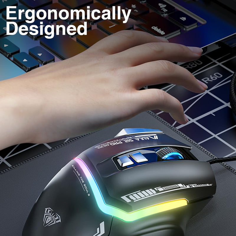 AULA S12Pro White Wired Gaming Mouse,12800 DPI Optical Gamer Mouse with RGB Backlit,8 Programmable Buttons,Software Supports DIY Keybinds Rapid Fire Button S12Pro-white
