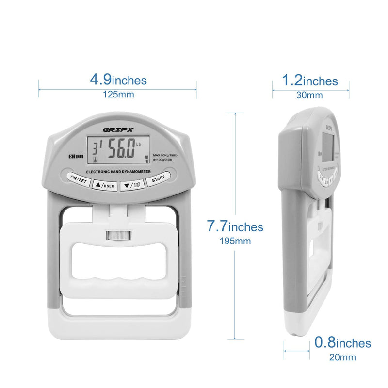 Digital Hand Dynamometer Grip Strength Measurement Meter Auto Capturing Electronic Hand Grip Power 198Lbs / 90Kgs Grey