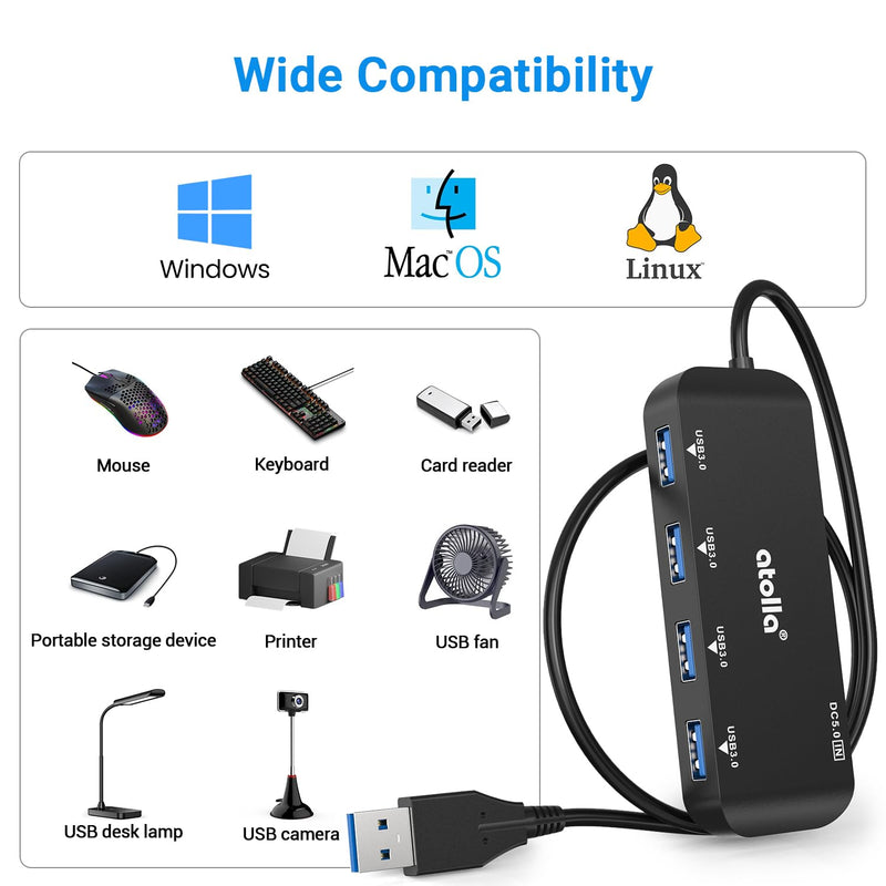 USB Hub, 4-Port USB 3.0 Hub with 2ft Cable, Ultra-Slim Data Expander - Compatible with Windows, Mac, Linux Laptops & PCs