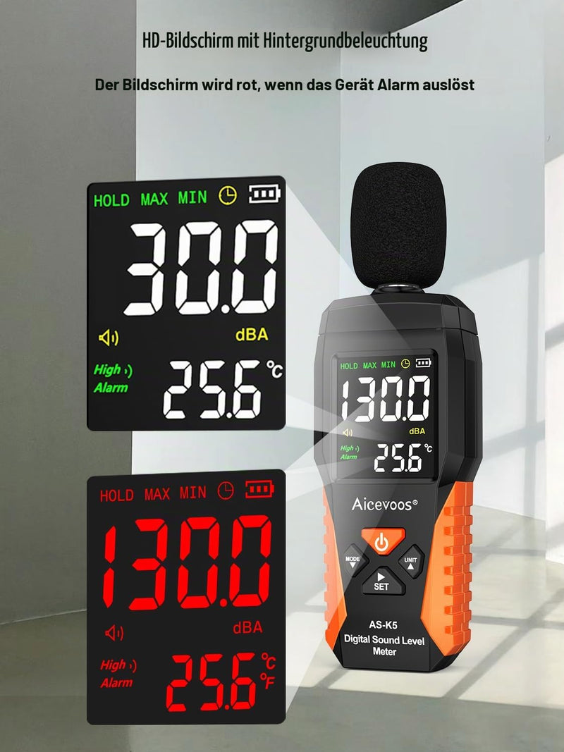 Dezibel Meter dB Meter Sound Level Meter Noise Level Meter 30~130 dB Acoustic and Visual Alarms, A Weighted, MAX/MIN Noise Measurement (18 cm) 18cm