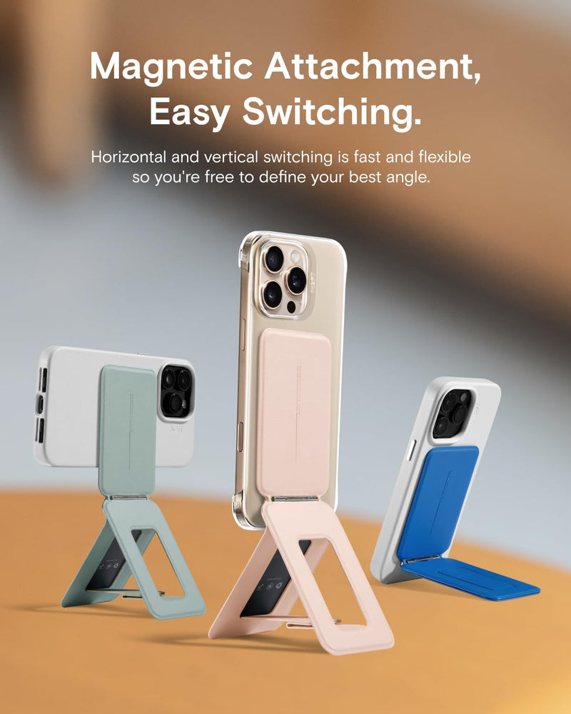 MOFT Phone Stand, Magnetic Phone Tripod Stand Stain-Resistant MOVAS Leather & Angle Adjustment & Strong Magnets Tripod for iPhone 17/16/15/14/13/12 (Included Metal Ring)-Blush Blush without Card Slot