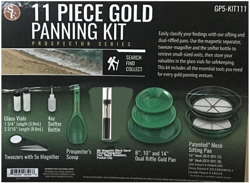 SE 11-Piece Gold Panning Kit - Complete Prospecting Set with Pans, Sieves, Tweezers, Glass Bottles, Sand Magnet, and More - Ideal for Beginners and Enthusiasts - GP5-KIT111