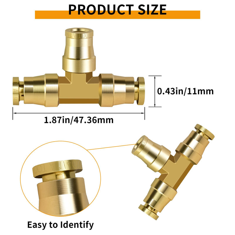 MuHize 1/4" Air Line Quick Connect Fittings - Upgraded Brass Air Brake Line Fitting Push To Connect Fittings Tee 1/4" OD Tube Air Line Connector for Semi Truck Trailers Industry Air System 3Pcs 1/4IN-3PCS Tee