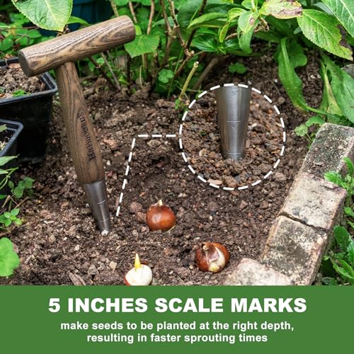 Hand Dibber with 5 inches Measuring Scale, Easy to Grip L-Shaped Wood Handle Dibbler, Stainless Steel Mattock with Sharp Pick and Cutting Edge for Breaking up Heavy Clay Soil