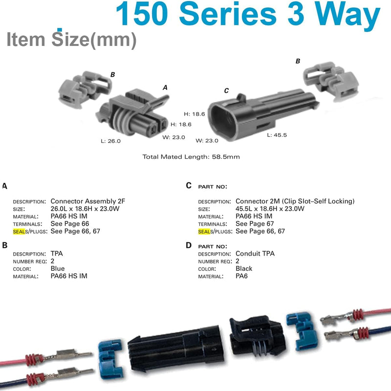 2-Pack (2-Way) Connector Metri-Pack 150 Series Sealed (2-PIN) 16 V & 14 amps, w/16 18 AWG 2-Pin (16-18 GA)