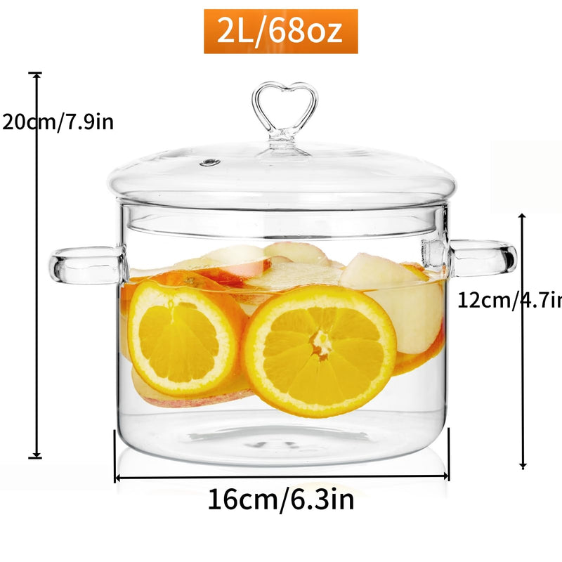 2L Clear Glass Cooking Pot with Heart Lid, 68oz/2000ml | Easy to Clean, Heat Resistant, Energy Conservation, Oven, Gas, and Electric Stove Safe 2 Liters