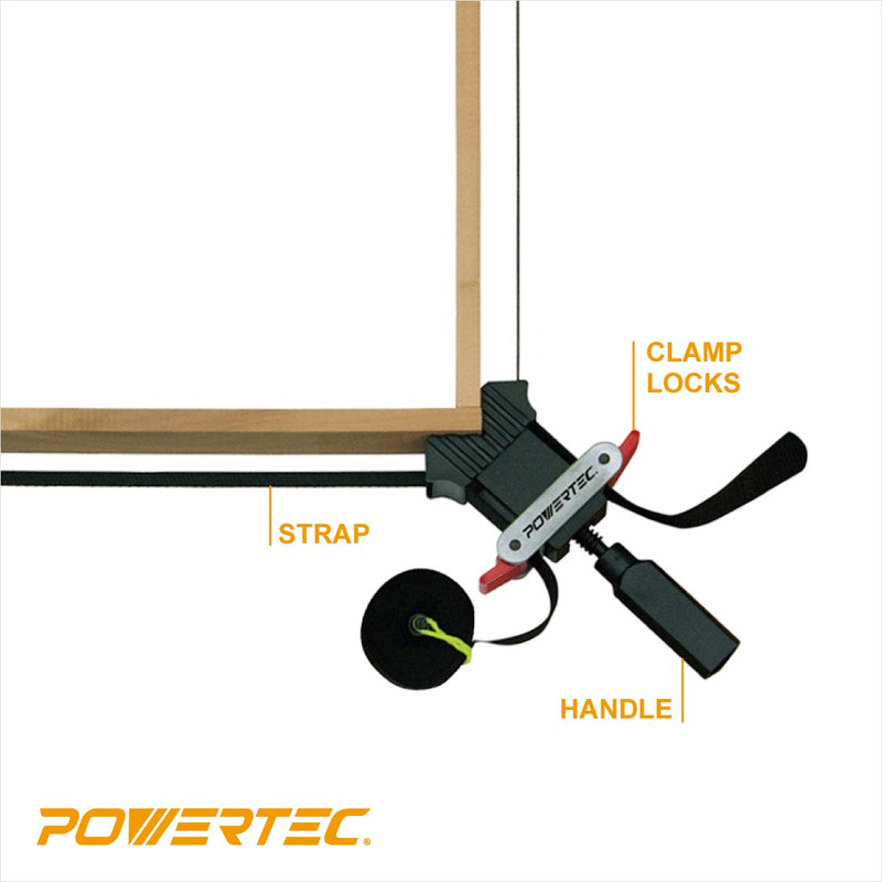 POWERTEC 71017-P2 Quick Release Band Clamp | Woodworking Frame Clamping Strap Holder, 2 PK Black Handle, 2PK
