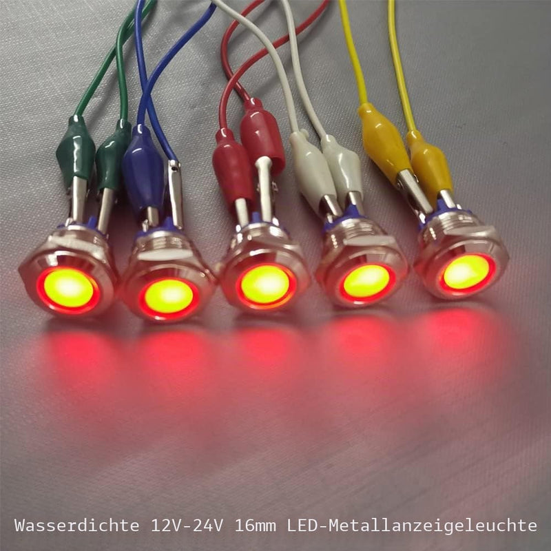 GUUZI 5pcs 12V-24V 16mm LED Metal Indicator Light Waterproof Signal Lamp with Wire (Red) Red