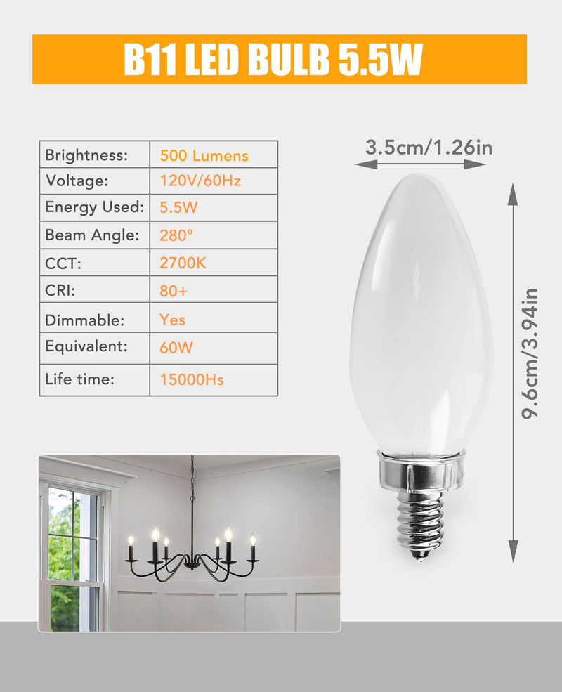 FELCO Dimmable Led Chandelier Light Bulbs, E12 Candelabra Bulb 60 Watt Equivalent, 5.5W Frosted B11 Led Filament Candle Lights for Chandeliers, 500LM Bright, 2700K, 12Pack 2700k Warm White 12 Pack