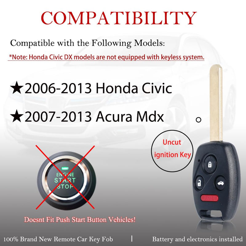 Key Fob Remote Replacement Fits for Honda Civic EX Si Hybrid 2006 2007 2008 2009 2010 2011 2012 2013 Acura Mdx 2007-2013 N5F-S0084A Keyless Entry 4 Buttons Remote Control 35111-SVA-306(Pack of 1)