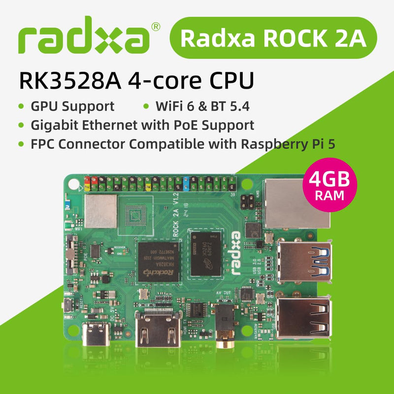 Radxa Rock 2A Single Board Computer, RK3528A Quad-Core CPU, GPU, 4K HDMI and Gigabit Ethernet (RS113-D4T0) Radxa ROCK 2A 4GB