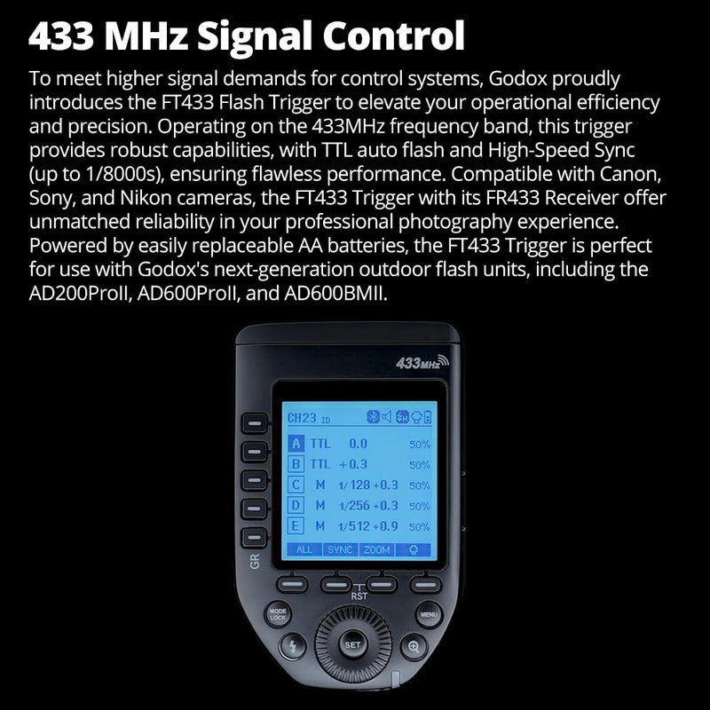 Godox FT433 N FT433-N TTL Wireless Flash Trigger for Nikon Cameras,Built-in Wireless 433MHz,1/8000s,0-100m,LCD Screen,32 Channel,1-99 ID,Front and Rear Curtain Sync