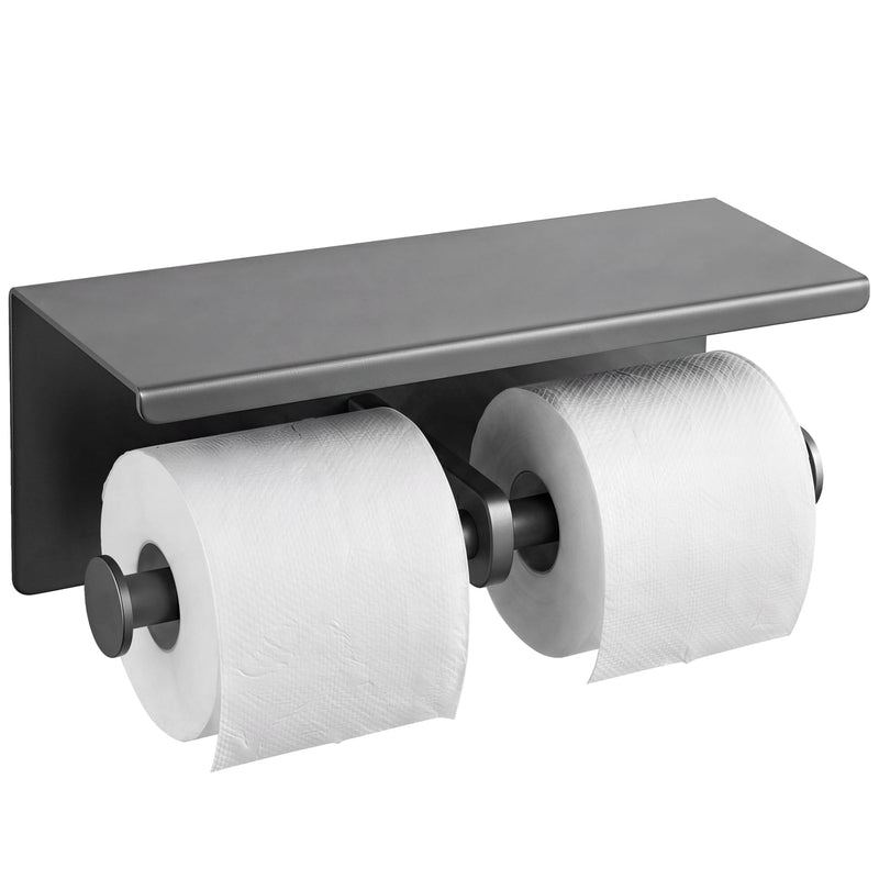 Double Toilet Paper Holder with Phone Storage Shelf Grey | Stainless Steel Tissue Roll Rack Large without Cover