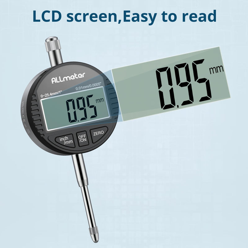 DTI Digital Dial Indicator, 0.01mm/0.0005" Resolution, 0-25.4mm/1" Measuring Range, Electronic Probe Indicator with LCD Display, Switchable mm/inch, Zero Setting Black 0.01/.0005''