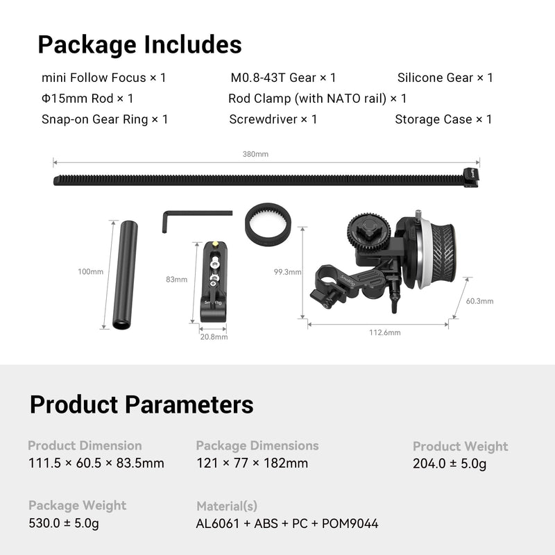 SmallRig Mini Follow Focus with A/B Stops & 15mm Rod Clamp and Snap-on Gear Ring Belt for DLSRs and Mirrorless Cameras, Fits Different Diameter Lenses Up to 114mm - 3010C